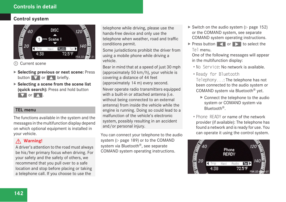 Tel menu, Menu, Controls in detail | Mercedes-Benz C-Class 2009 Owners Manual User Manual | Page 144 / 404