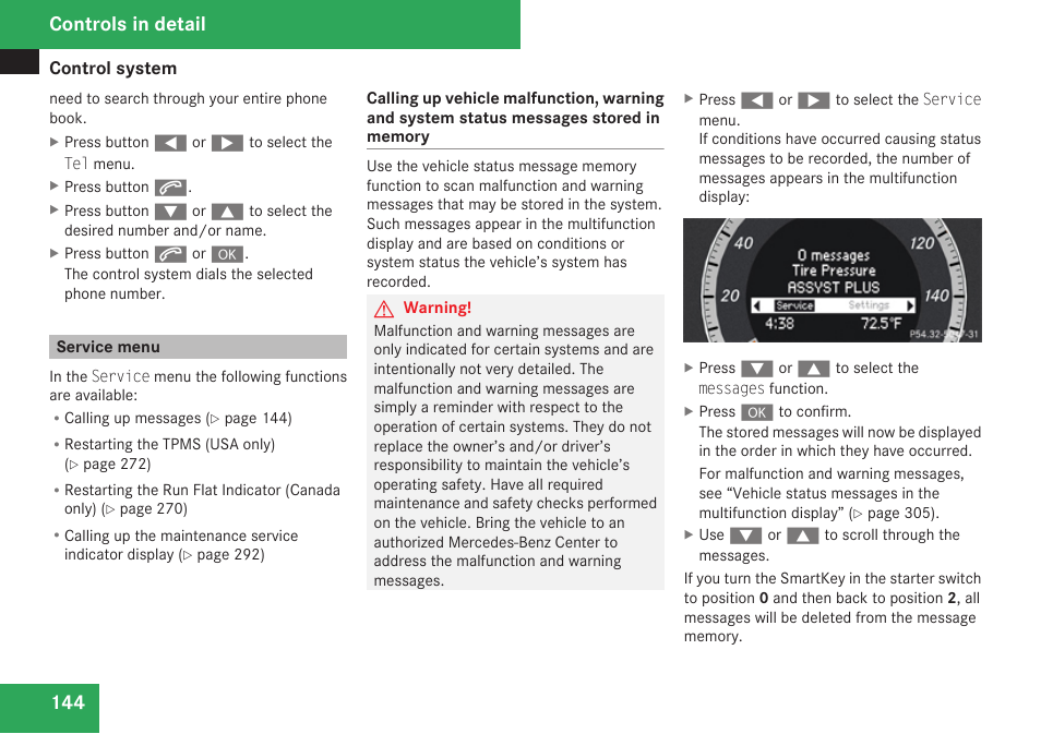 Service menu, Menu, Controls in detail | Mercedes-Benz C-Class 2009 Owners Manual User Manual | Page 146 / 404