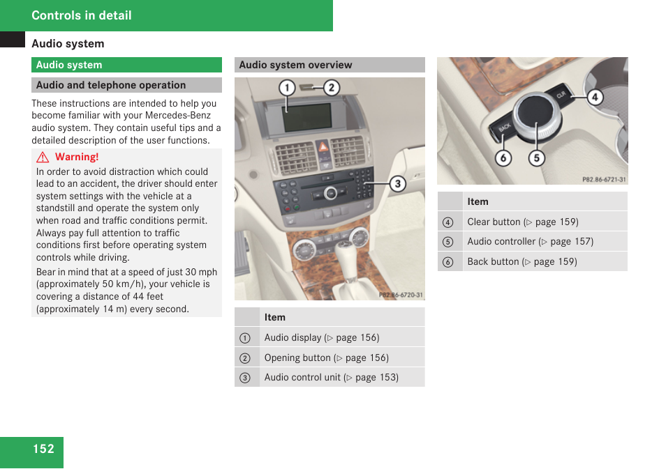 Audio system, Audio and telephone operation, Audio system overview | Switch on the audio system, Controls in detail | Mercedes-Benz C-Class 2009 Owners Manual User Manual | Page 154 / 404