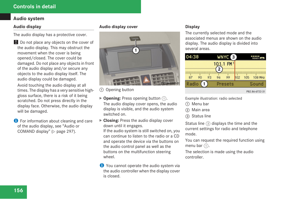 Audio display, Opening button, Controls in detail | Mercedes-Benz C-Class 2009 Owners Manual User Manual | Page 158 / 404