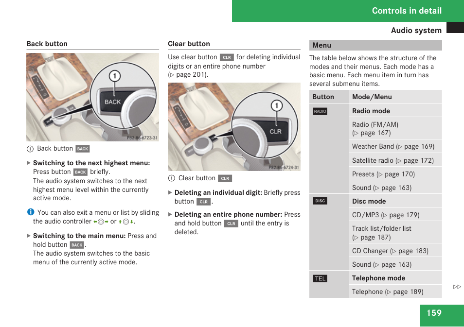 Menu, Clear button, Controls in detail | Mercedes-Benz C-Class 2009 Owners Manual User Manual | Page 161 / 404