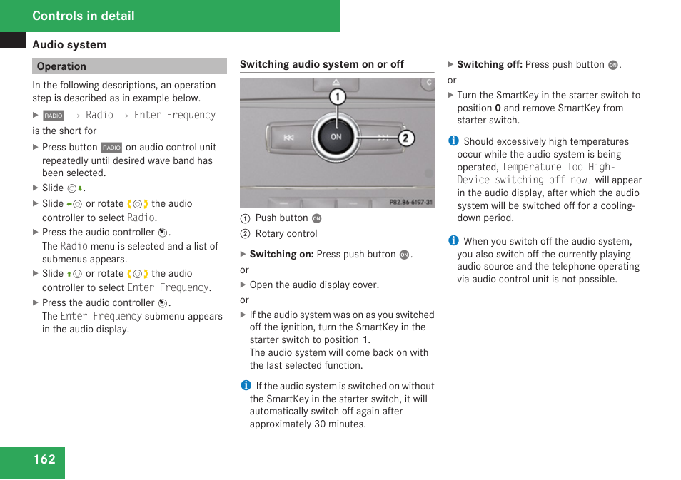 Operation, Switch on the audio system, Controls in detail | Mercedes-Benz C-Class 2009 Owners Manual User Manual | Page 164 / 404