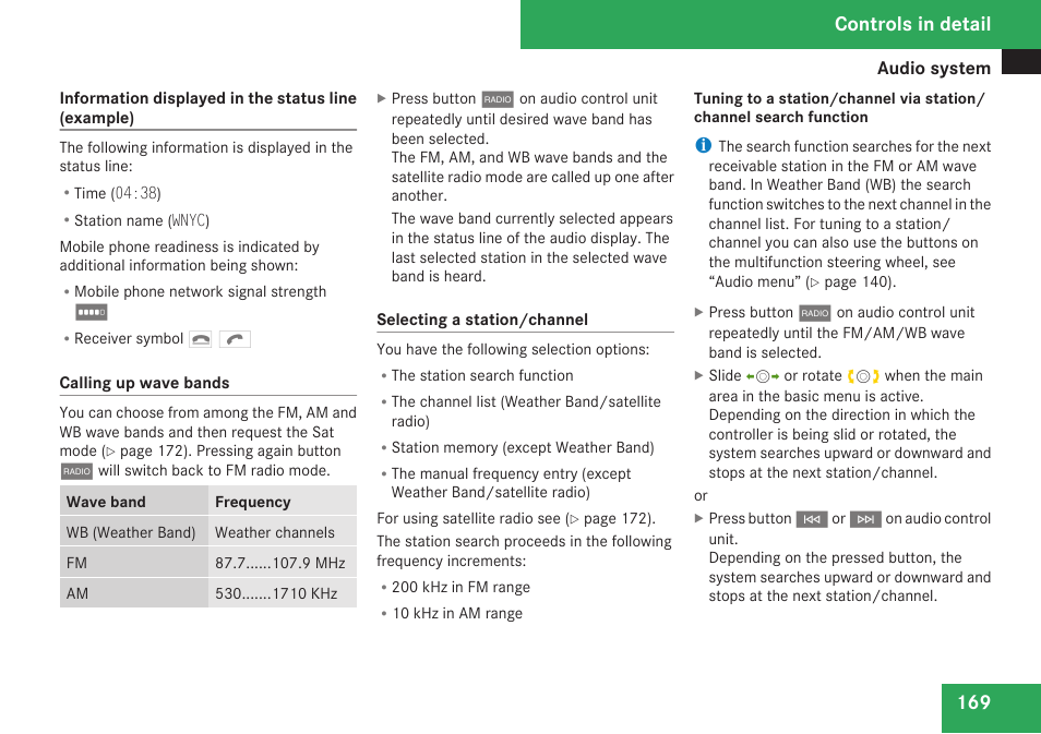 Weather band, Controls in detail | Mercedes-Benz C-Class 2009 Owners Manual User Manual | Page 171 / 404