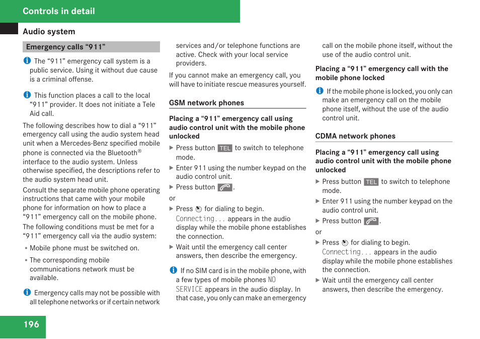 Emergency calls “911, Controls in detail | Mercedes-Benz C-Class 2009 Owners Manual User Manual | Page 198 / 404