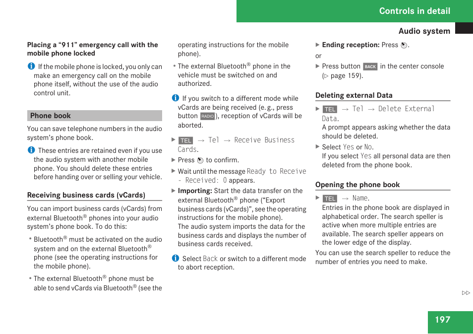 Phone book, Name, Controls in detail | Mercedes-Benz C-Class 2009 Owners Manual User Manual | Page 199 / 404