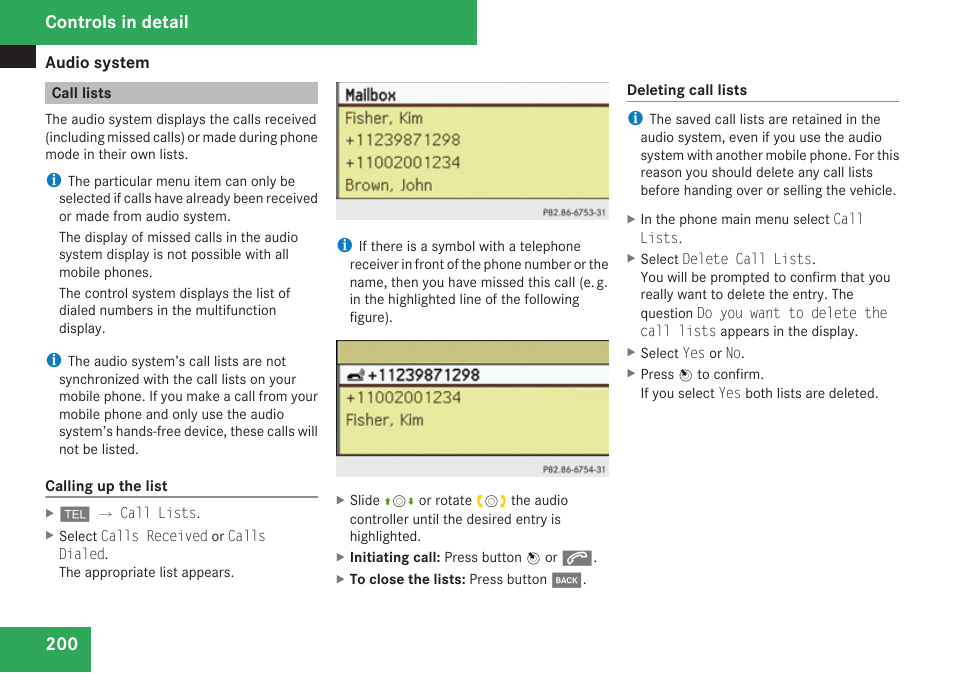 Call lists, Controls in detail | Mercedes-Benz C-Class 2009 Owners Manual User Manual | Page 202 / 404