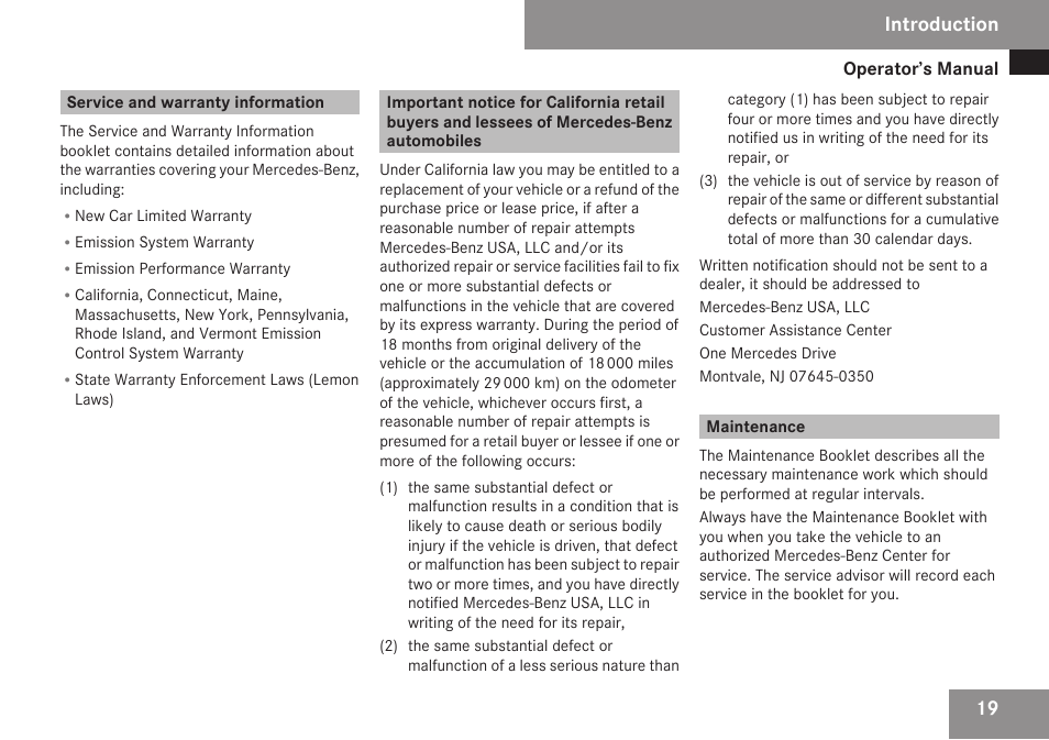 Service and warranty information, Maintenance, Introduction | Mercedes-Benz C-Class 2009 Owners Manual User Manual | Page 21 / 404