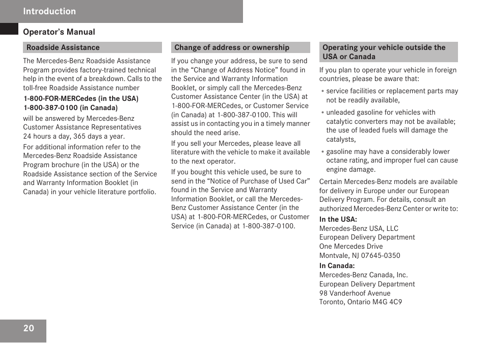 Roadside assistance, Change of address or ownership, Operating your vehicle outside the usa or canada | Introduction | Mercedes-Benz C-Class 2009 Owners Manual User Manual | Page 22 / 404