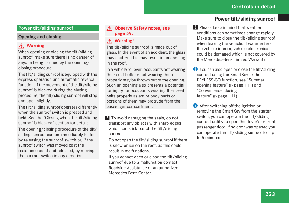 Power tilt/sliding sunroof, Opening and closing, Controls in detail | Mercedes-Benz C-Class 2009 Owners Manual User Manual | Page 225 / 404