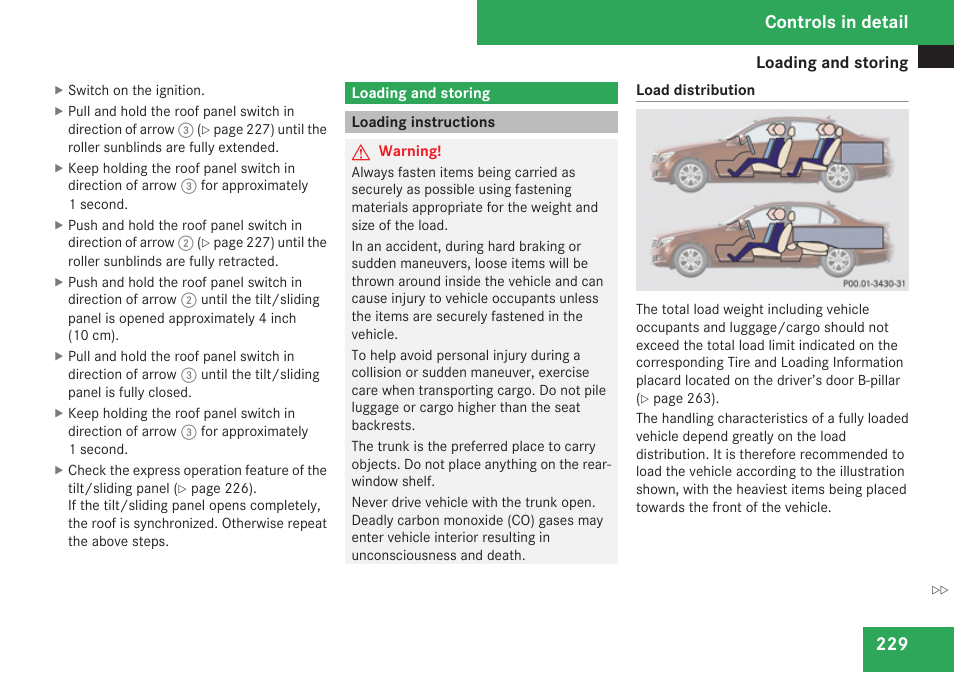 Loading and storing, Loading instructions, To the “loading and storing | Controls in detail | Mercedes-Benz C-Class 2009 Owners Manual User Manual | Page 231 / 404