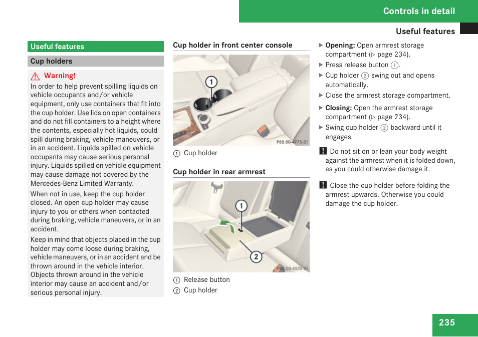 Useful features, Cup holders, Controls in detail | Mercedes-Benz C-Class 2009 Owners Manual User Manual | Page 237 / 404