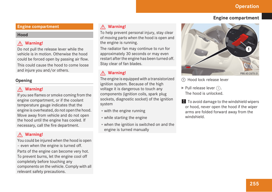 Engine compartment, Hood, Operation | Mercedes-Benz C-Class 2009 Owners Manual User Manual | Page 257 / 404