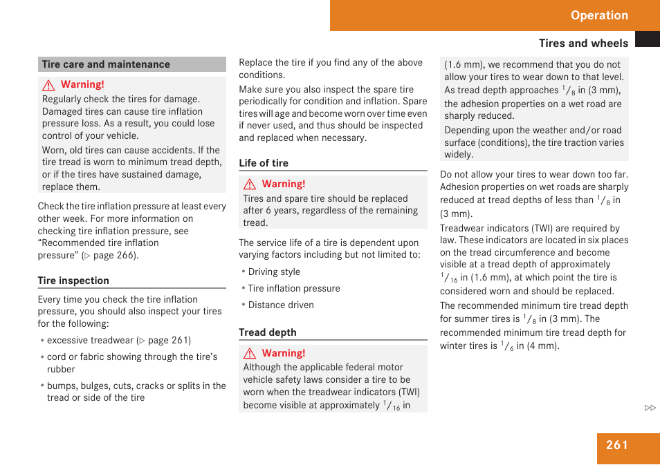 Tire care and maintenance, Operation | Mercedes-Benz C-Class 2009 Owners Manual User Manual | Page 263 / 404