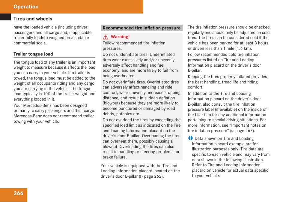 Recommended tire inflation pressure, Capacity of your vehicle, Load | Operation | Mercedes-Benz C-Class 2009 Owners Manual User Manual | Page 268 / 404