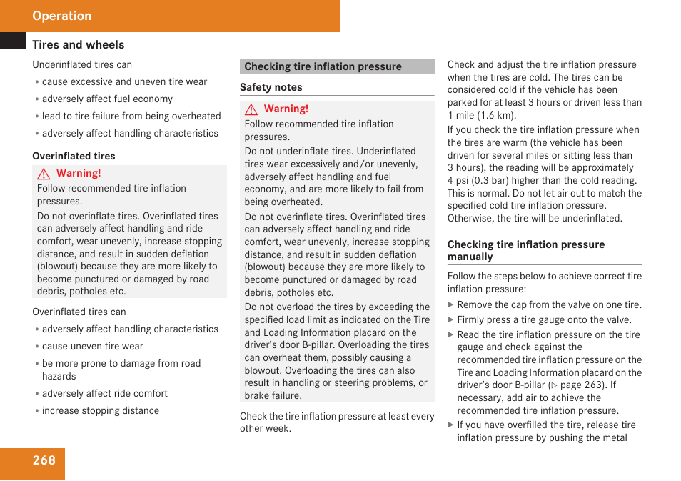 Checking tire inflation pressure, Tire inflation pressure, Operation | Mercedes-Benz C-Class 2009 Owners Manual User Manual | Page 270 / 404