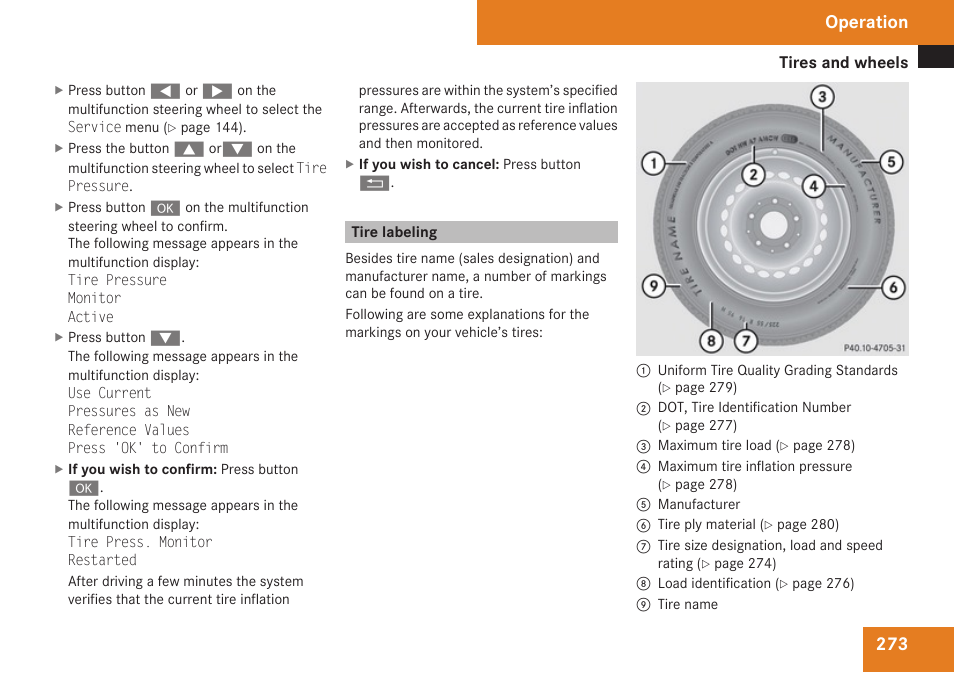 Tire labeling, Operation | Mercedes-Benz C-Class 2009 Owners Manual User Manual | Page 275 / 404