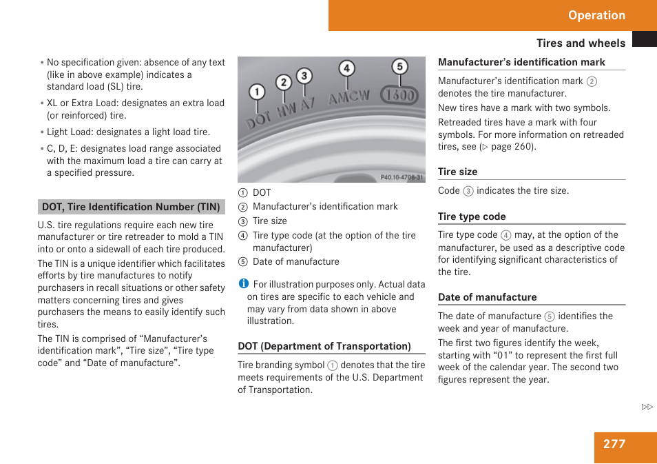 Dot, tire identification number (tin), Operation | Mercedes-Benz C-Class 2009 Owners Manual User Manual | Page 279 / 404