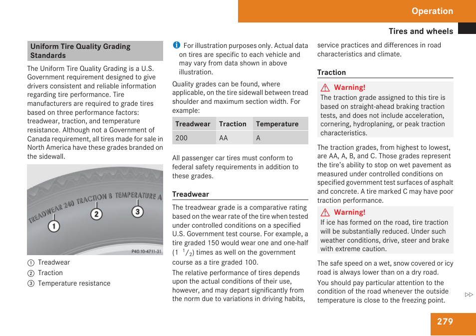 Uniform tire quality grading standards, Operation | Mercedes-Benz C-Class 2009 Owners Manual User Manual | Page 281 / 404