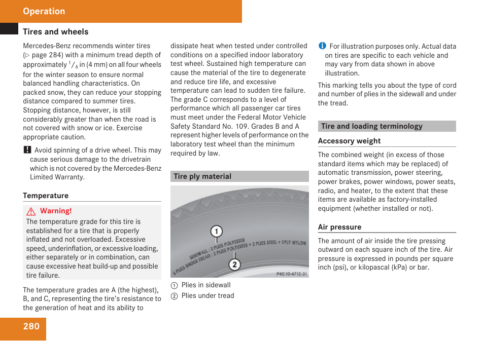 Tire ply material, Tire and loading terminology, Operation | Mercedes-Benz C-Class 2009 Owners Manual User Manual | Page 282 / 404