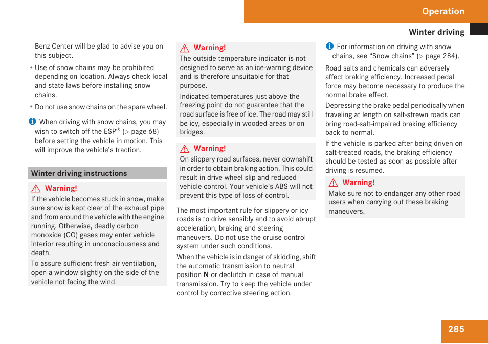Winter driving instructions, Operation | Mercedes-Benz C-Class 2009 Owners Manual User Manual | Page 287 / 404