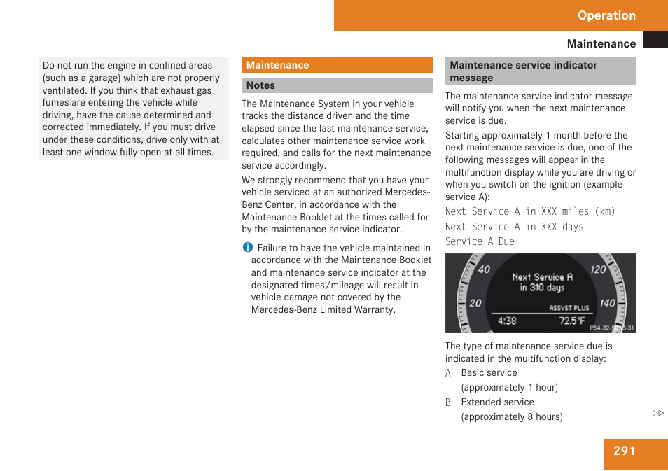 Maintenance, Notes, Maintenance service indicator message | Mercedes-Benz C-Class 2009 Owners Manual User Manual | Page 293 / 404