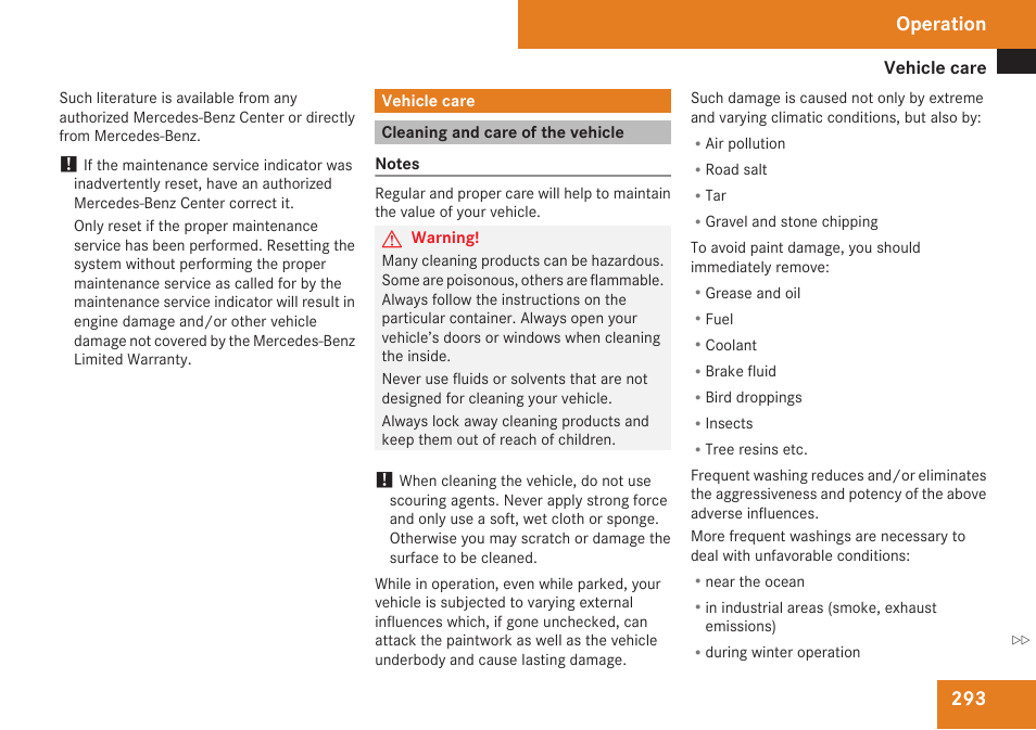 Vehicle care, Cleaning and care of the vehicle, Operation | Mercedes-Benz C-Class 2009 Owners Manual User Manual | Page 295 / 404