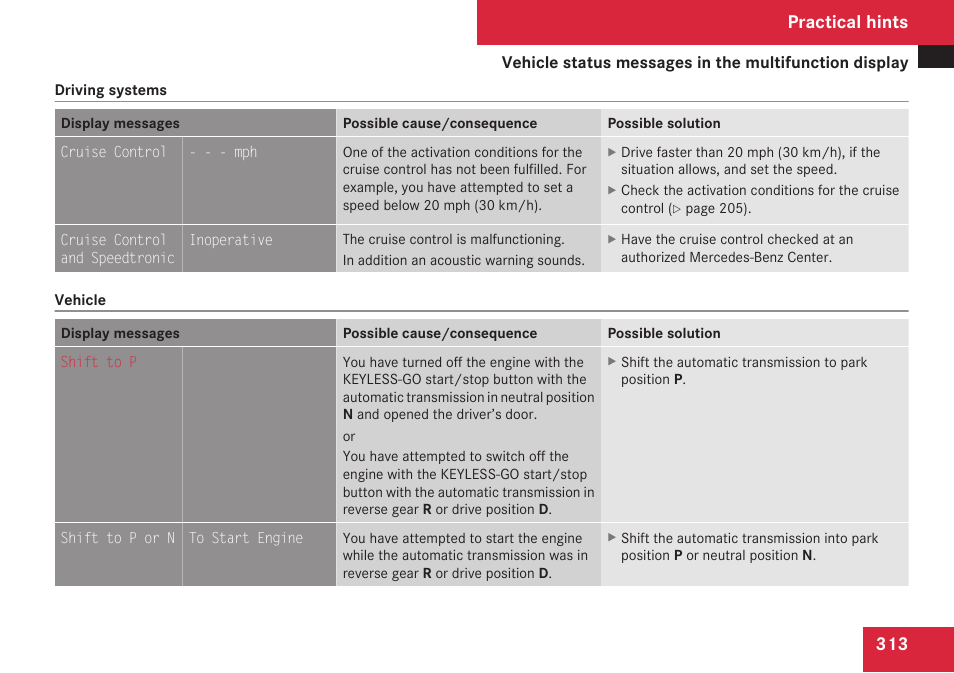 In the multifunction display, Practical hints | Mercedes-Benz C-Class 2009 Owners Manual User Manual | Page 315 / 404