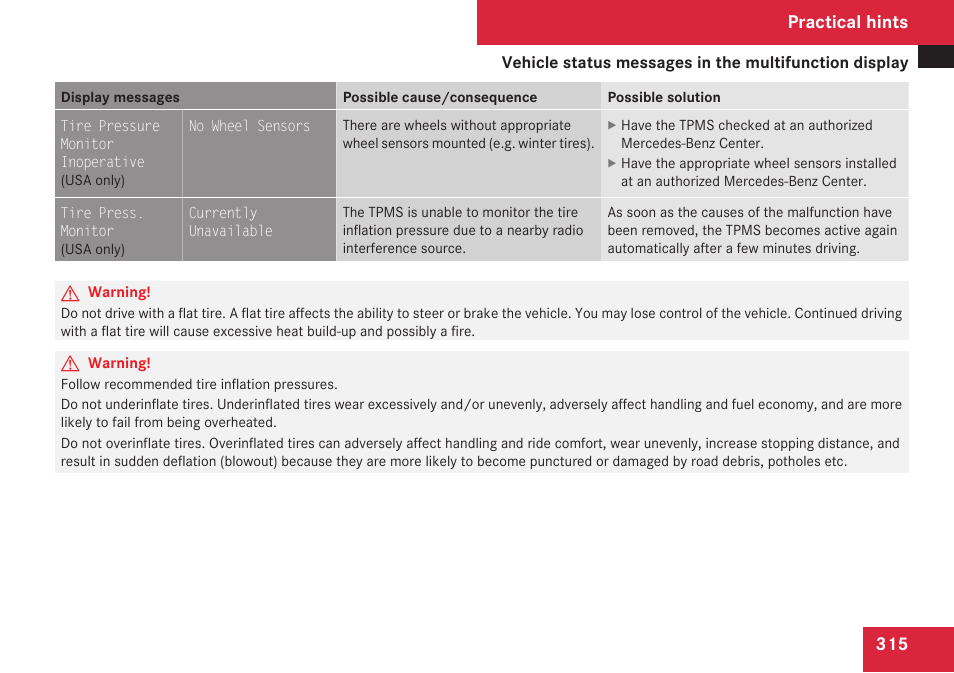 Practical hints | Mercedes-Benz C-Class 2009 Owners Manual User Manual | Page 317 / 404