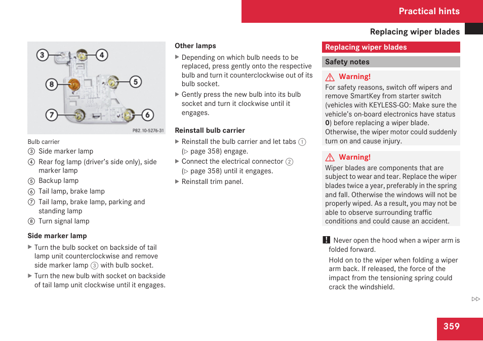 Replacing wiper blades, Safety notes, Practical hints | Mercedes-Benz C-Class 2009 Owners Manual User Manual | Page 361 / 404