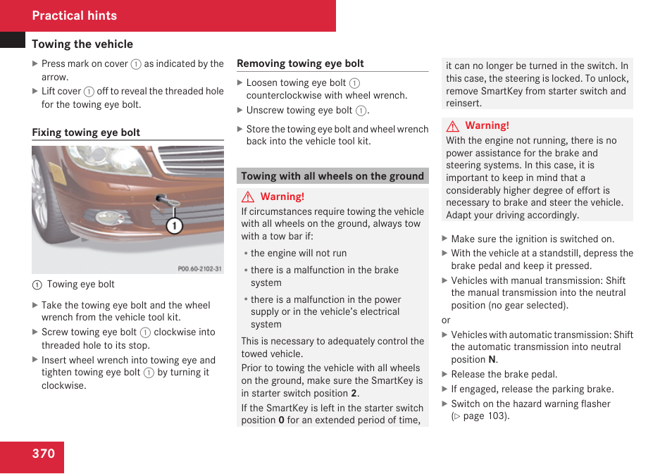 Towing with all wheels on the ground, Practical hints | Mercedes-Benz C-Class 2009 Owners Manual User Manual | Page 372 / 404