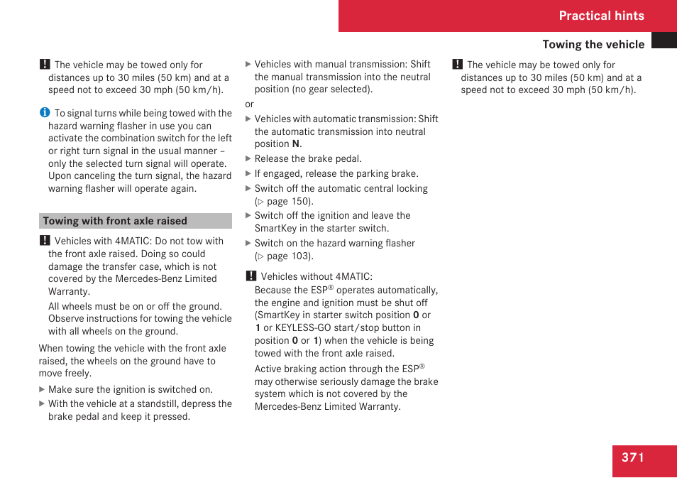 Towing with front axle raised, Practical hints | Mercedes-Benz C-Class 2009 Owners Manual User Manual | Page 373 / 404