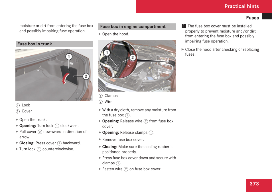 Fuse box in trunk, Fuse box in engine compartment, Practical hints | Mercedes-Benz C-Class 2009 Owners Manual User Manual | Page 375 / 404