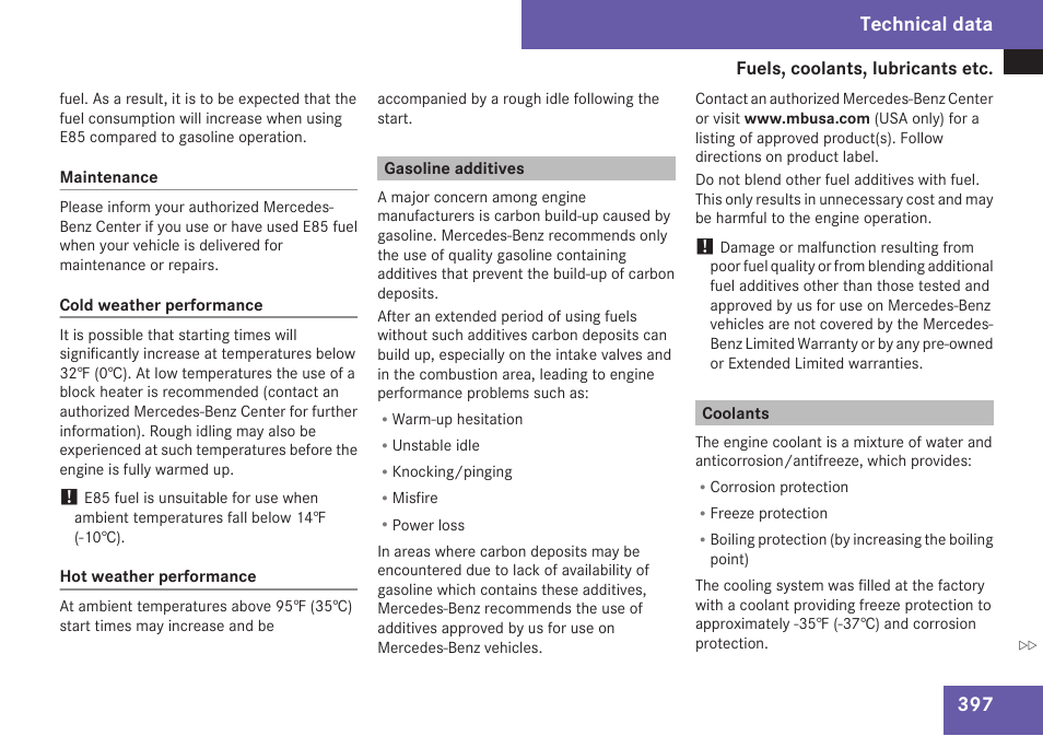Gasoline additives, Coolants, Technical data | Mercedes-Benz C-Class 2009 Owners Manual User Manual | Page 399 / 404