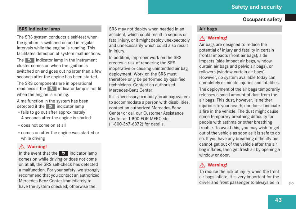 Srs indicator lamp, Air bags, Safety and security | Mercedes-Benz C-Class 2009 Owners Manual User Manual | Page 45 / 404