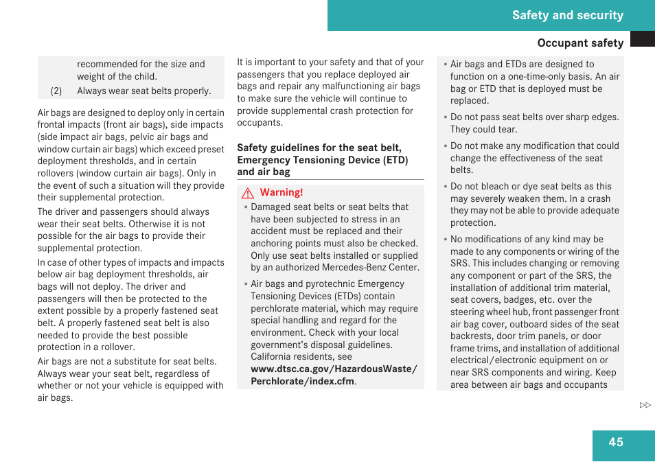 Safety and security | Mercedes-Benz C-Class 2009 Owners Manual User Manual | Page 47 / 404