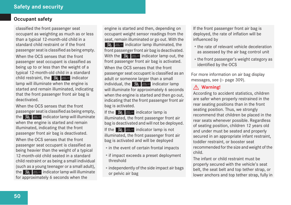Safety and security | Mercedes-Benz C-Class 2009 Owners Manual User Manual | Page 52 / 404