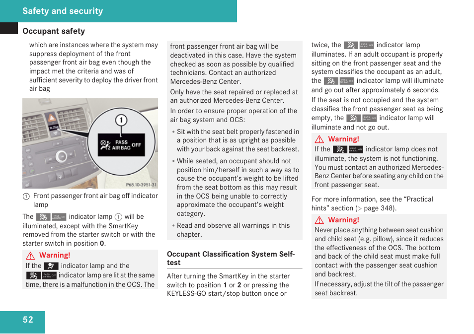 Console is not lit, Safety and security | Mercedes-Benz C-Class 2009 Owners Manual User Manual | Page 54 / 404