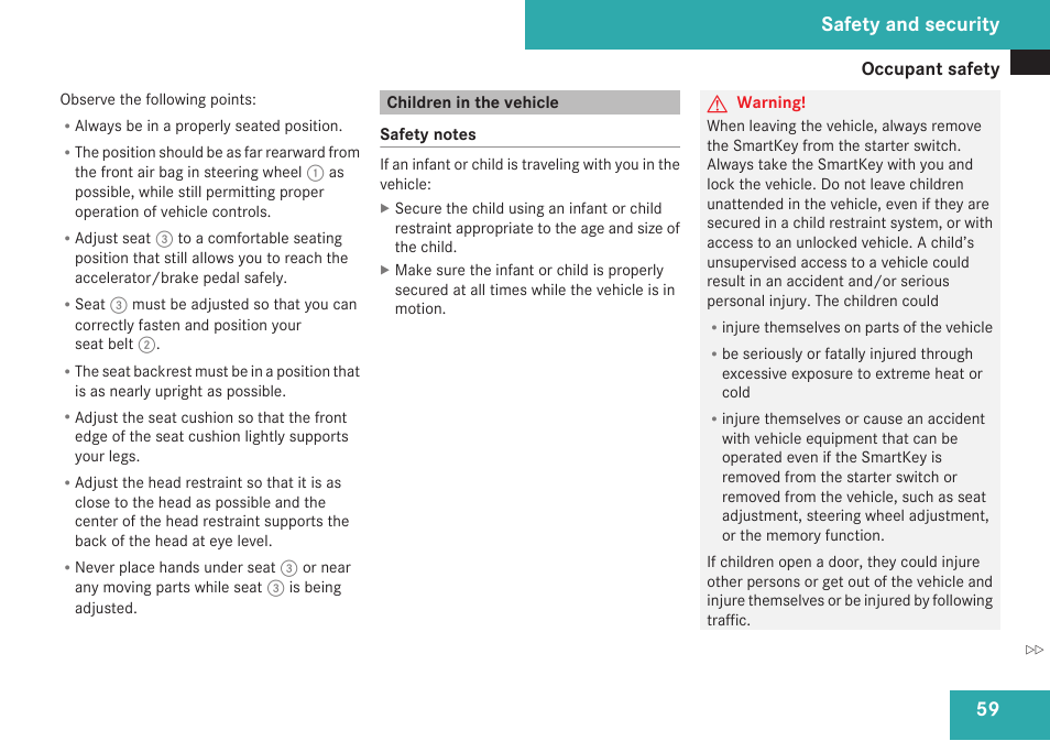 Children in the vehicle, Safety and security | Mercedes-Benz C-Class 2009 Owners Manual User Manual | Page 61 / 404