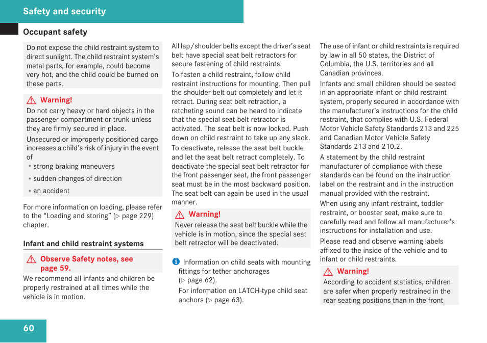 Safety and security | Mercedes-Benz C-Class 2009 Owners Manual User Manual | Page 62 / 404