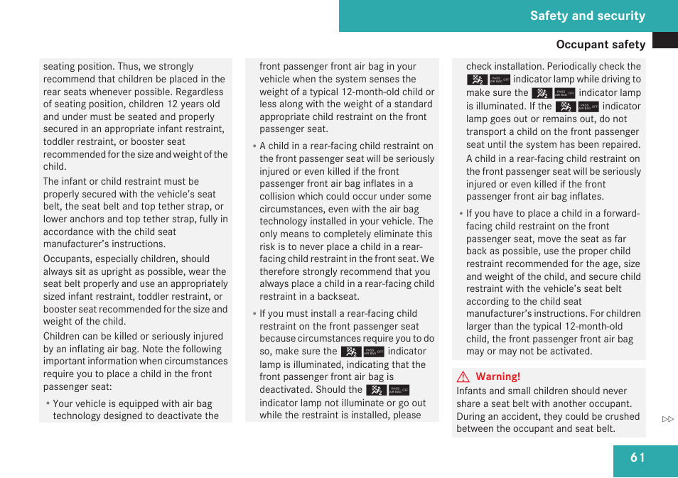 Safety and security | Mercedes-Benz C-Class 2009 Owners Manual User Manual | Page 63 / 404