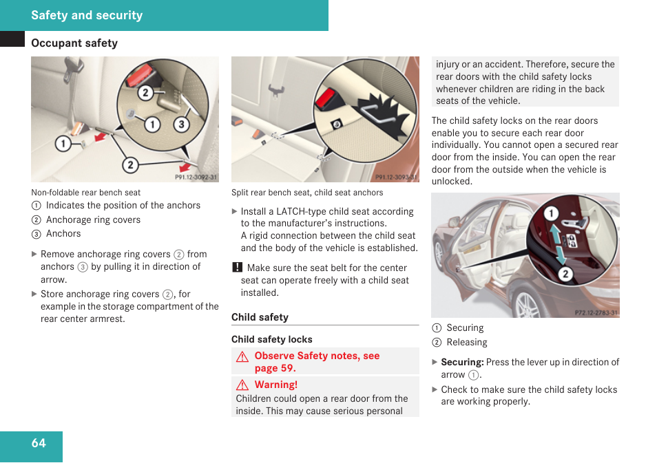 Safety and security | Mercedes-Benz C-Class 2009 Owners Manual User Manual | Page 66 / 404