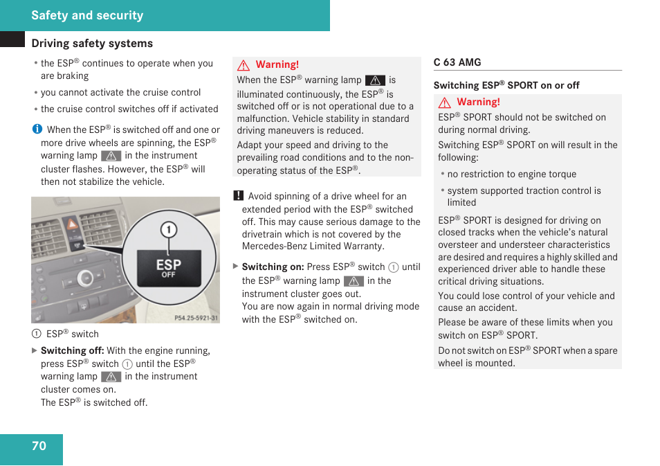 Safety and security | Mercedes-Benz C-Class 2009 Owners Manual User Manual | Page 72 / 404