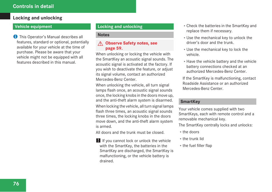 Controls in detail, Vehicle equipment, Locking and unlocking | Notes, Smartkey | Mercedes-Benz C-Class 2009 Owners Manual User Manual | Page 78 / 404