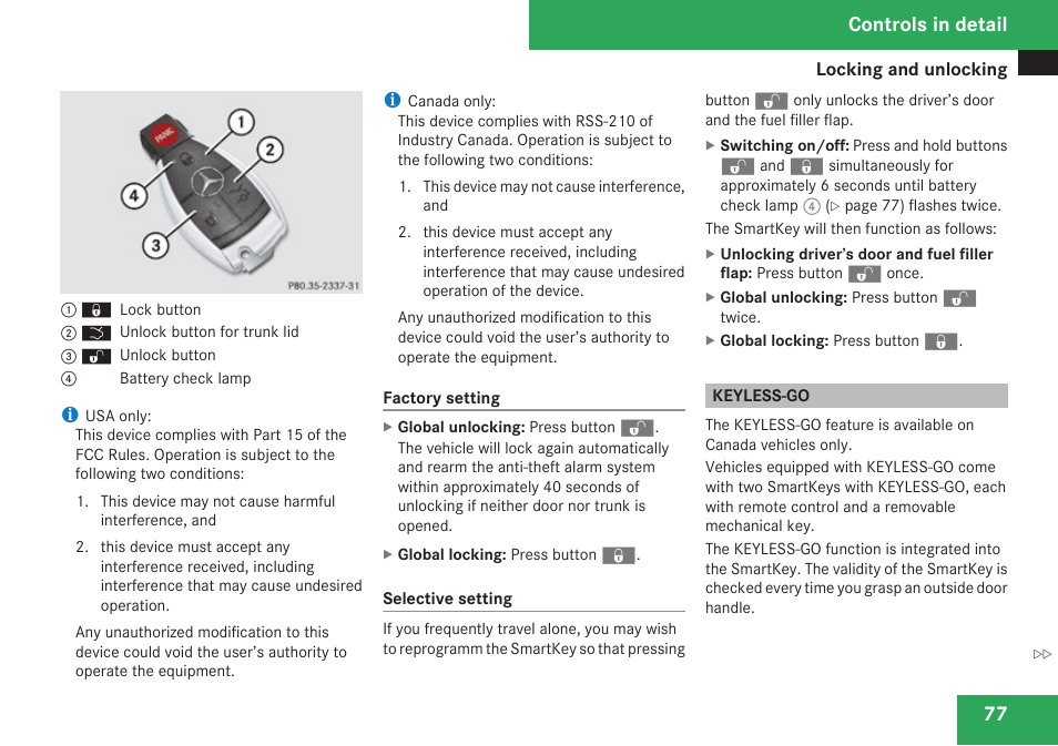 Keyless-go, Controls in detail | Mercedes-Benz C-Class 2009 Owners Manual User Manual | Page 79 / 404