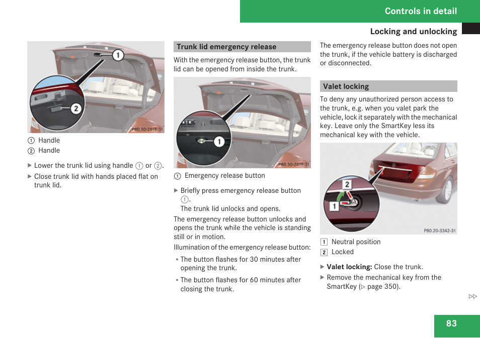Trunk lid emergency release, Valet locking, Controls in detail | Mercedes-Benz C-Class 2009 Owners Manual User Manual | Page 85 / 404