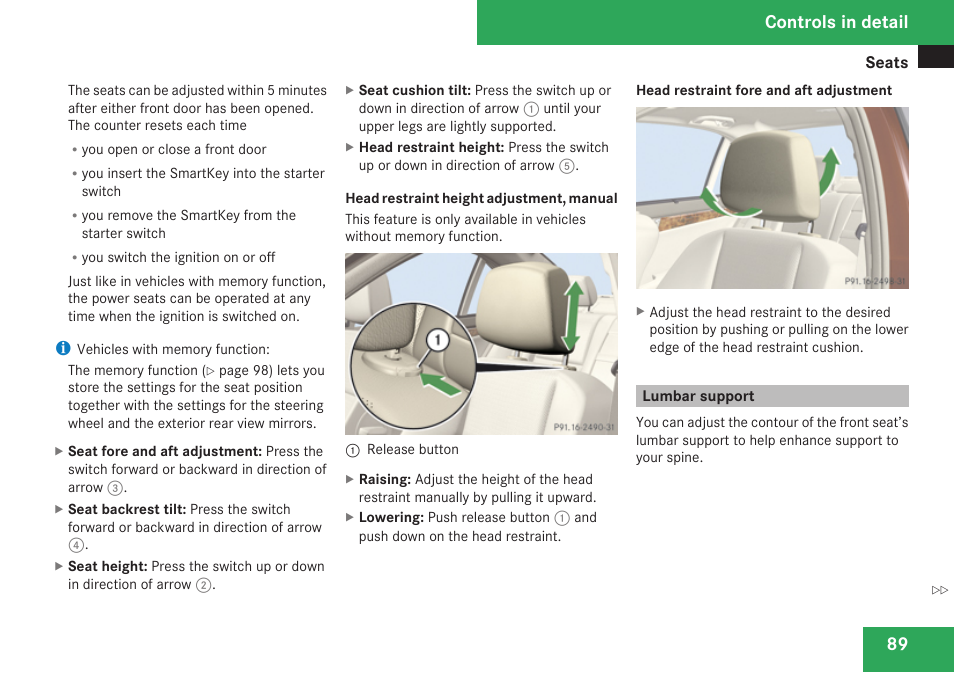 Lumbar support, See “head restraints, Restraint properly | Controls in detail | Mercedes-Benz C-Class 2009 Owners Manual User Manual | Page 91 / 404