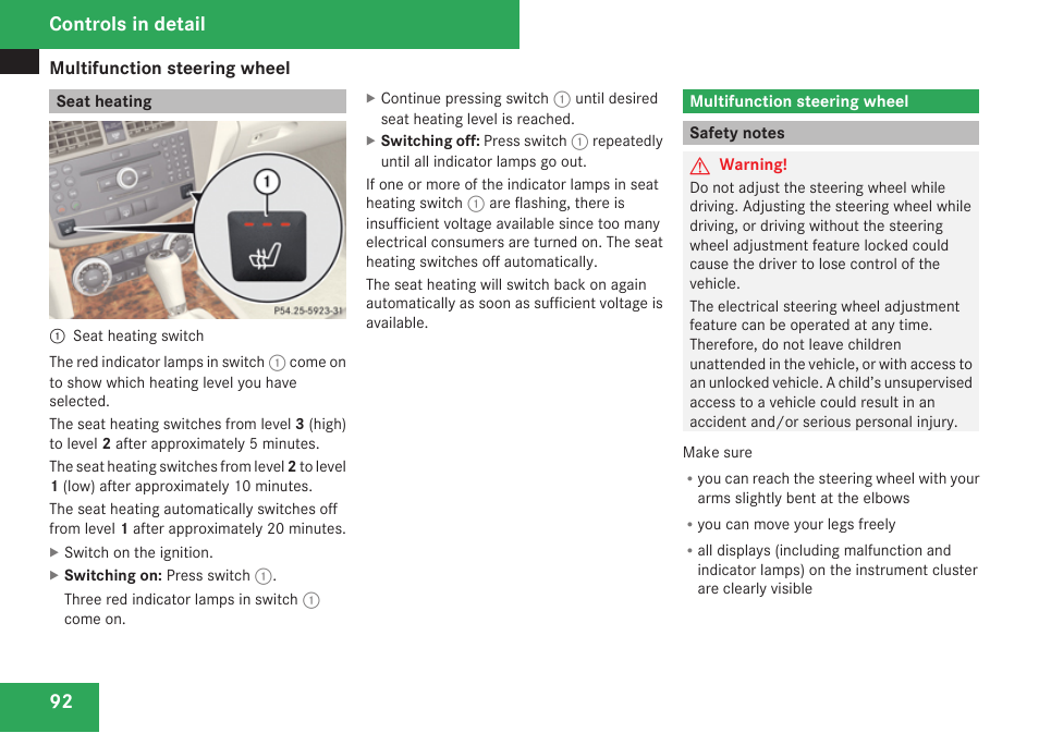 Seat heating, Multifunction steering wheel, Safety notes | Observe safety notes, see, Controls in detail | Mercedes-Benz C-Class 2009 Owners Manual User Manual | Page 94 / 404