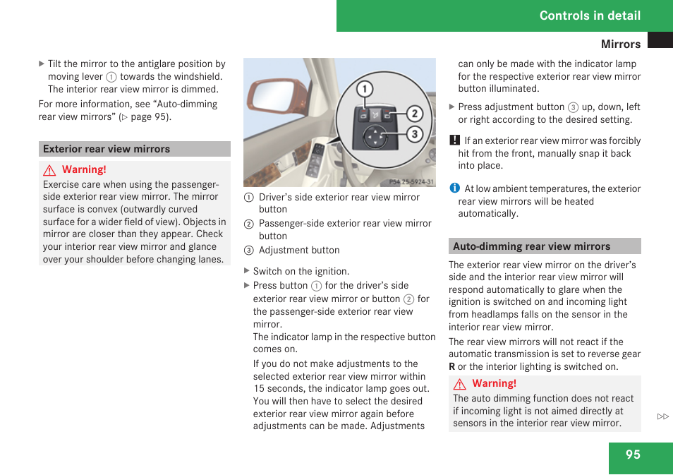 Exterior rear view mirrors, Auto-dimming rear view mirrors, Controls in detail | Mercedes-Benz C-Class 2009 Owners Manual User Manual | Page 97 / 404