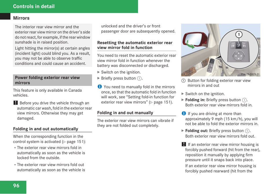 Power folding exterior rear view mirrors, Controls in detail | Mercedes-Benz C-Class 2009 Owners Manual User Manual | Page 98 / 404