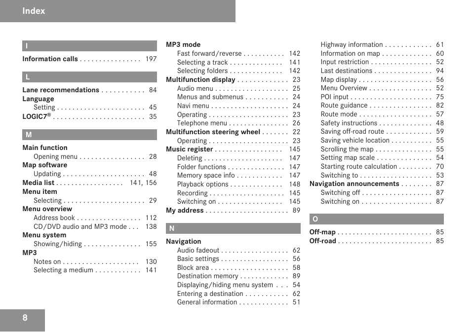 Index | Mercedes-Benz C-Class 2009 COMAND Manual User Manual | Page 10 / 204